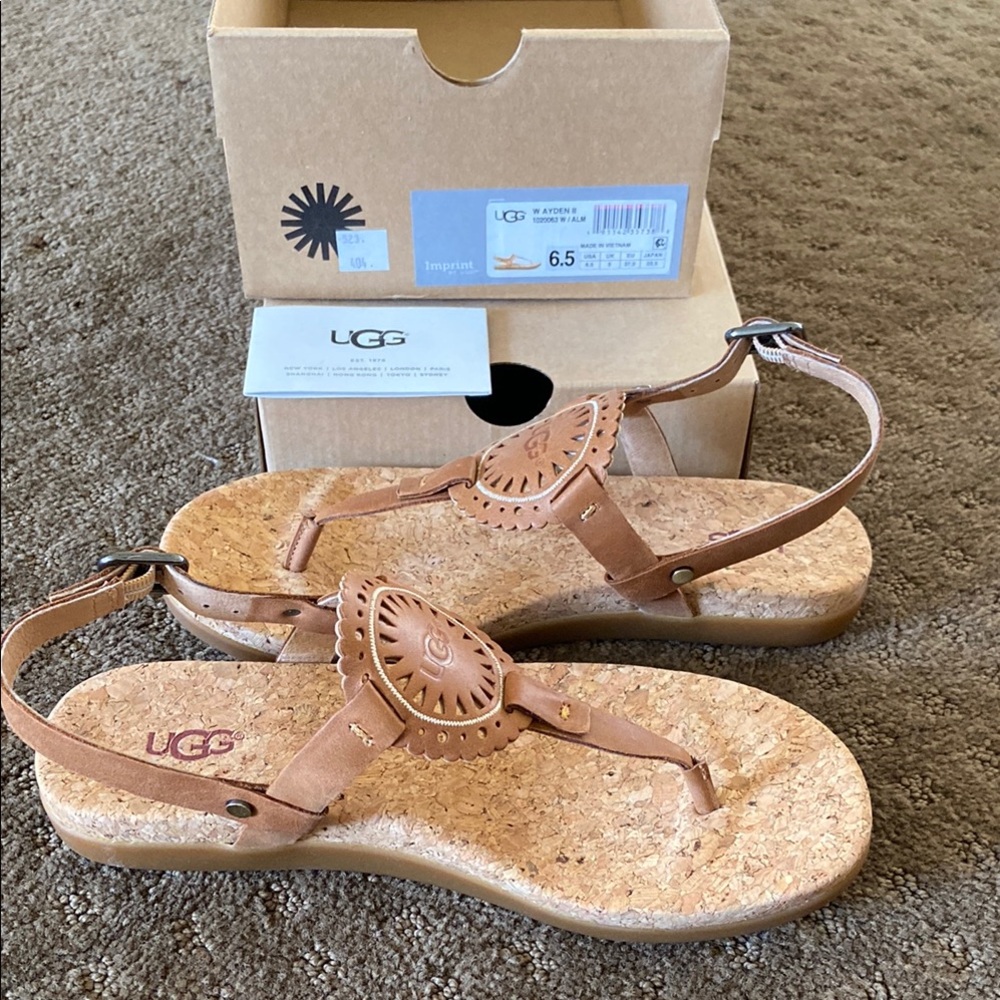 UGG Tan Sandals with Cork Footbed and Adjustable Ankle Strap